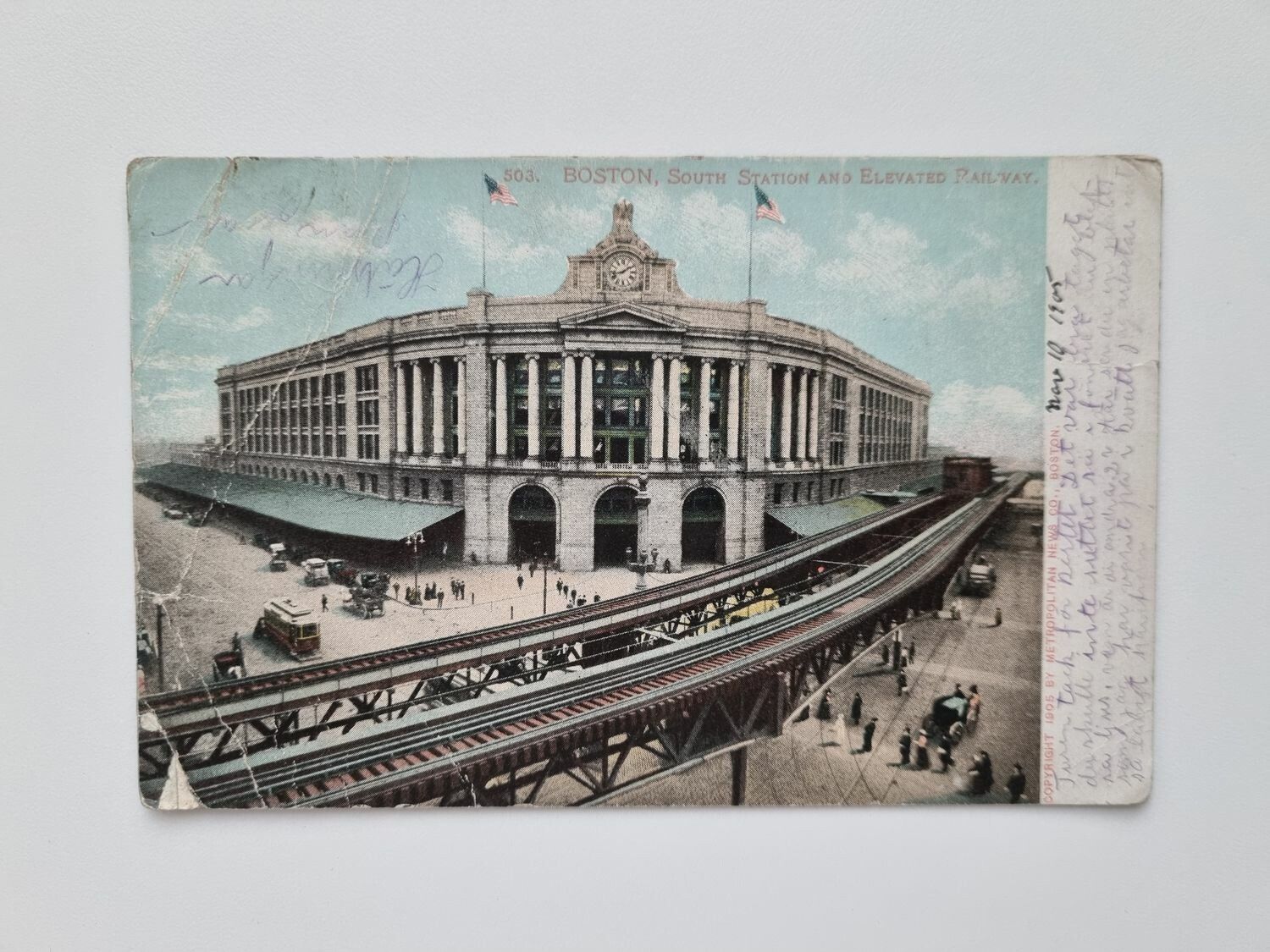 Äldre vykort BOSTON, SOUTH STATION AND ELEVATED RAILWAY