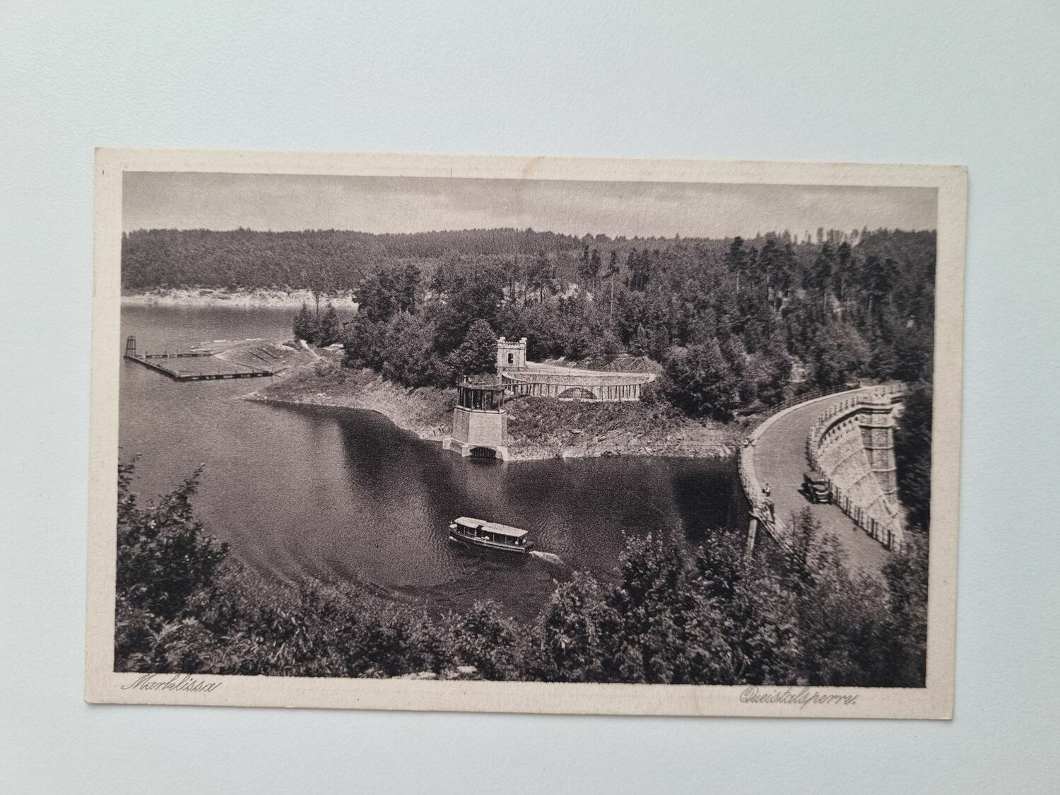 Äldre vykort Die Queistalsperre Marklissa, daterat år 1929
