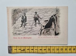 Äldre vykort Gruss von der Mädelegabel. Auf der Schneelawine am Wändle.