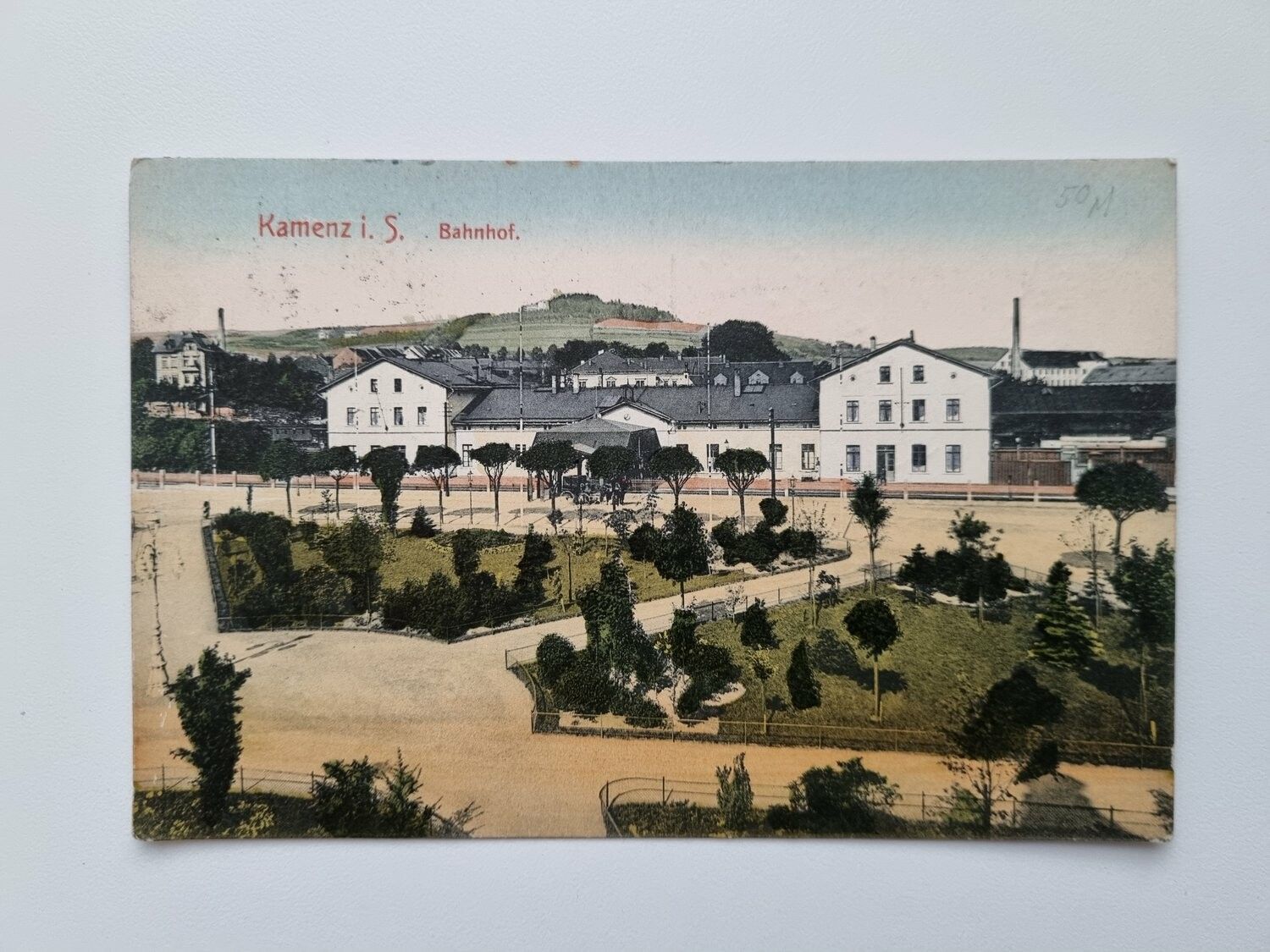 Äldre vykort Kamenz i. S. Bahnhof.