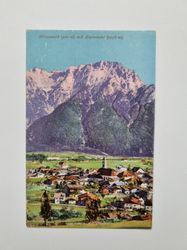 Äldre vykort Mittenwald (920 m) mit Karwendel (2756 m).