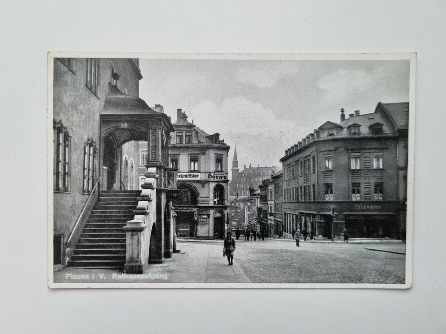 Äldre vykort Plauen I. V. Rathausaufgang