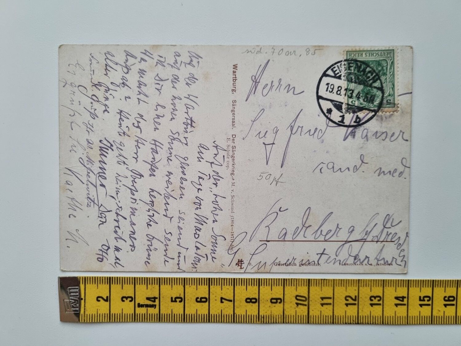 Äldre vykort stämplat 1913, Wartburg, Sängersaal