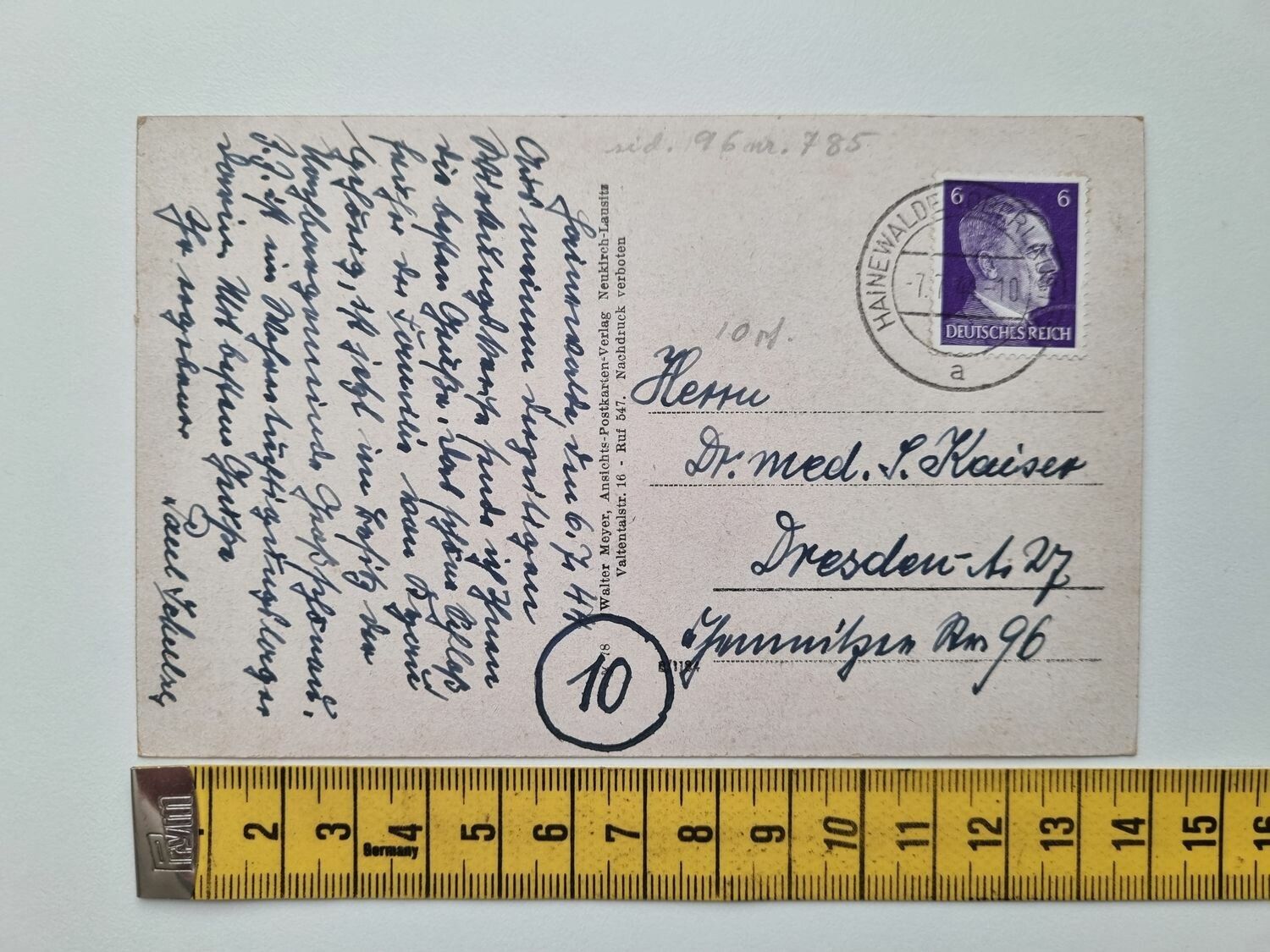 Äldre vykort Stämplat 1944, adresserat Dresden