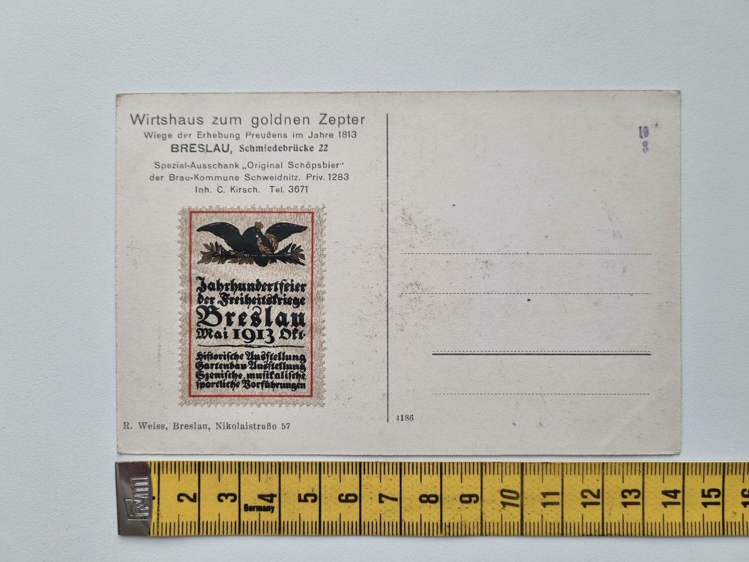 Äldre vykort Wirtshaus zum goldnen Zepter, intressant frimärke 1913