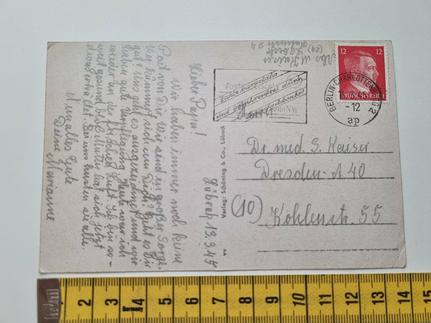 Äldre vykort, Lübeck med Adolf Hitler frimärke 12 pfennig