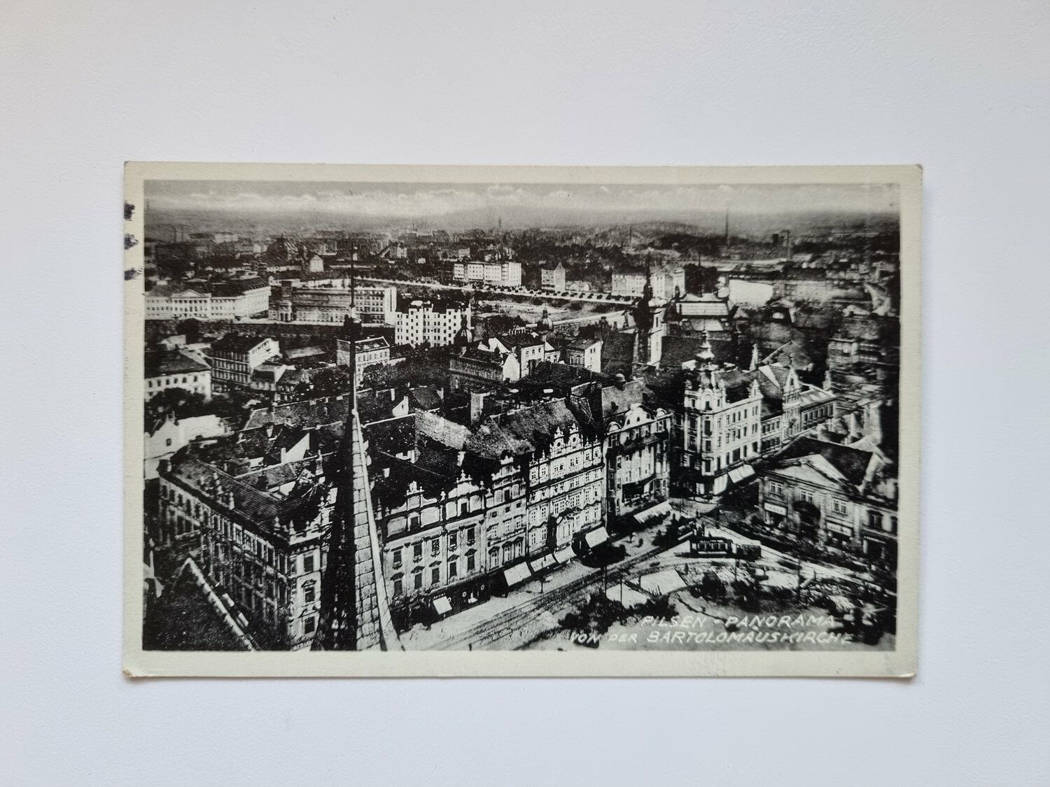 Vykort PILSEN PANORAMA VON DER BARTOLOMAUSKIRCHE, 1941