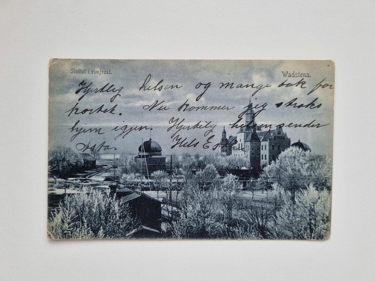 Vykort Slottet i rimfrost. Wadstena, 1908