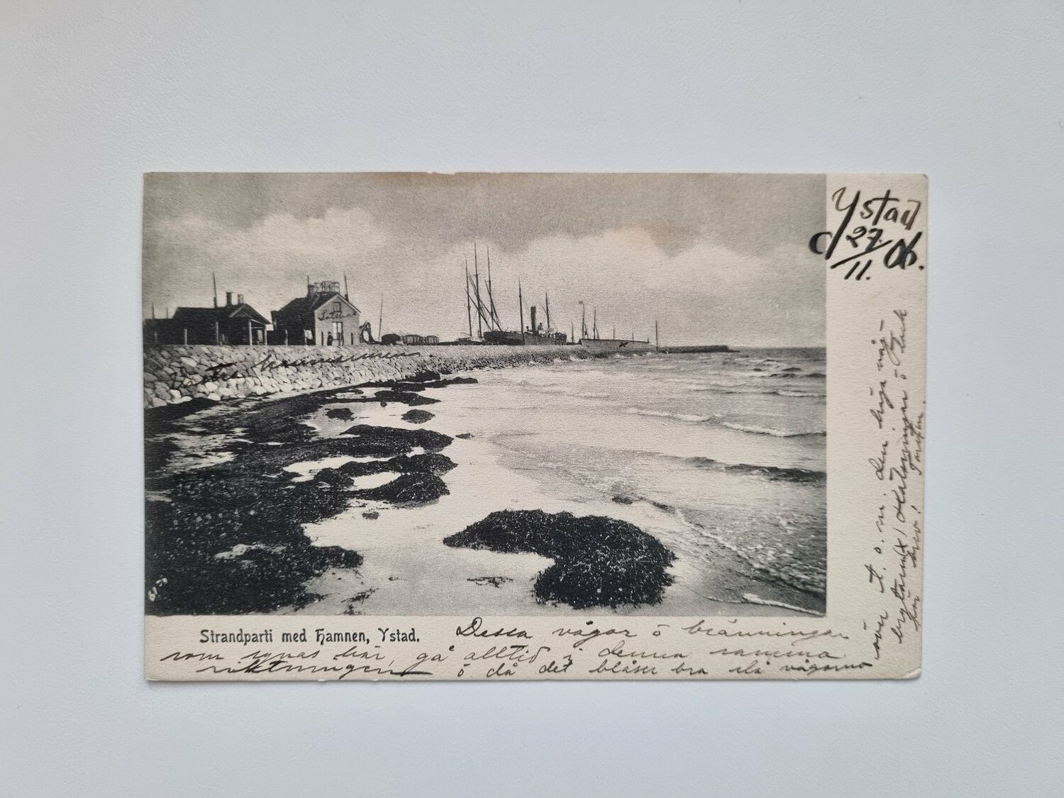 Vykort Strandparti med hamnen, Ystad, 1906