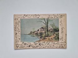 Vykort Hus vid vatten. Stämplad 1903