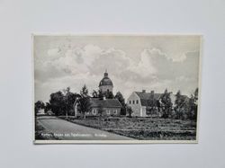 Vykort Kyrkan, Skolan och Telefonstation. Rinkaby.