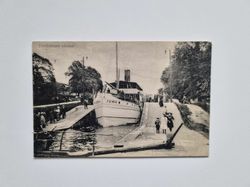 Vykort Trollhättans slussar, 1918. Med MS Juno