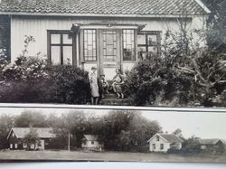 Vykort fotografi på familj framför hus