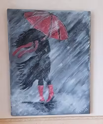 Girl walking in the rain Röd 27x35cm SÅLD