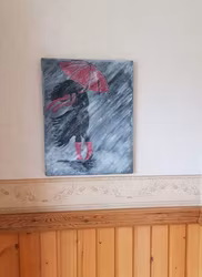 Girl walking in the rain Röd 27x35cm SÅLD