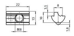 Spårmutter M8 med fjäderkula för profil med spår 8 aluminium