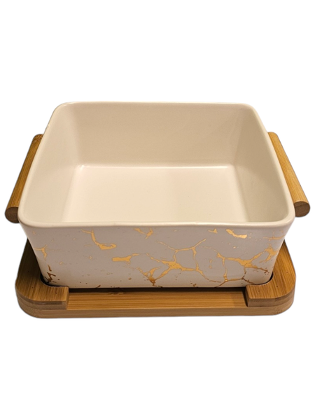 Serveringsskål i hvit farge m/bamboo holder - ZF