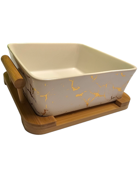 Serveringsskål i hvit farge m/bamboo holder - ZF