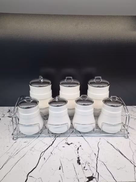 Sett med 7 porselen krukker - Sølv