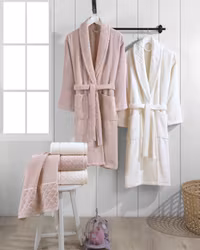 Badekåpe sett 2 personer - 6 deler i 100% Bomull - Rosa/hvit