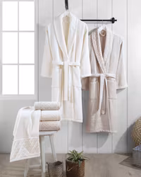 Badekåpe sett 2 personer - 6 deler i 100% Bomull - Hvit/brun