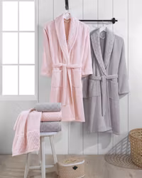 Badekåpe sett 2 personer - 6 deler i 100% Bomull - Rosa/grå