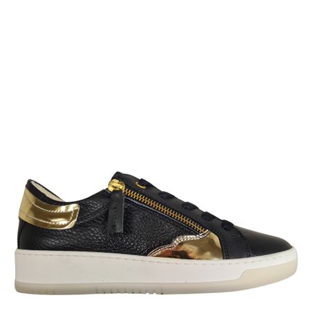 Svart damsneaker i läder med gulddetaljer