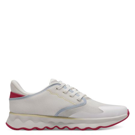 Vit sneaker med ljusblå detaljer och en lekfull rosa sula