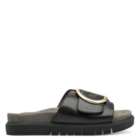 Svart wide-fit/bred sandal i läder med gulddetalj