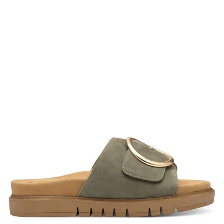 Grön wide-fit sandal i läder med gulddetalj