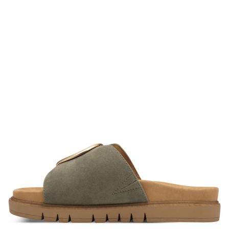 Grön wide-fit sandal i läder med gulddetalj