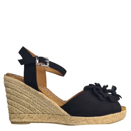 Svart espadrillo i mocka med blomdetalj