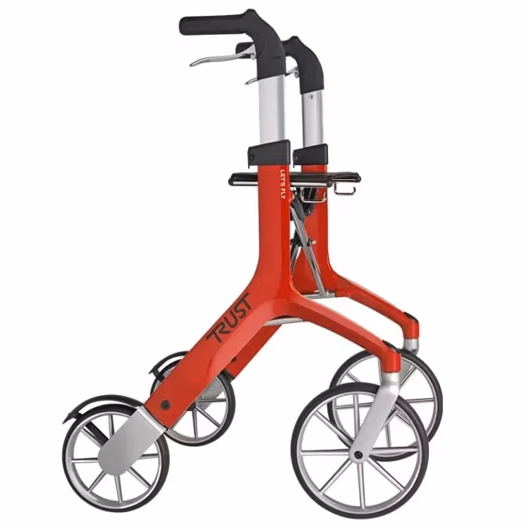 Aluminium rollator i röd färg med en stilren design och väger 6,8 Kg