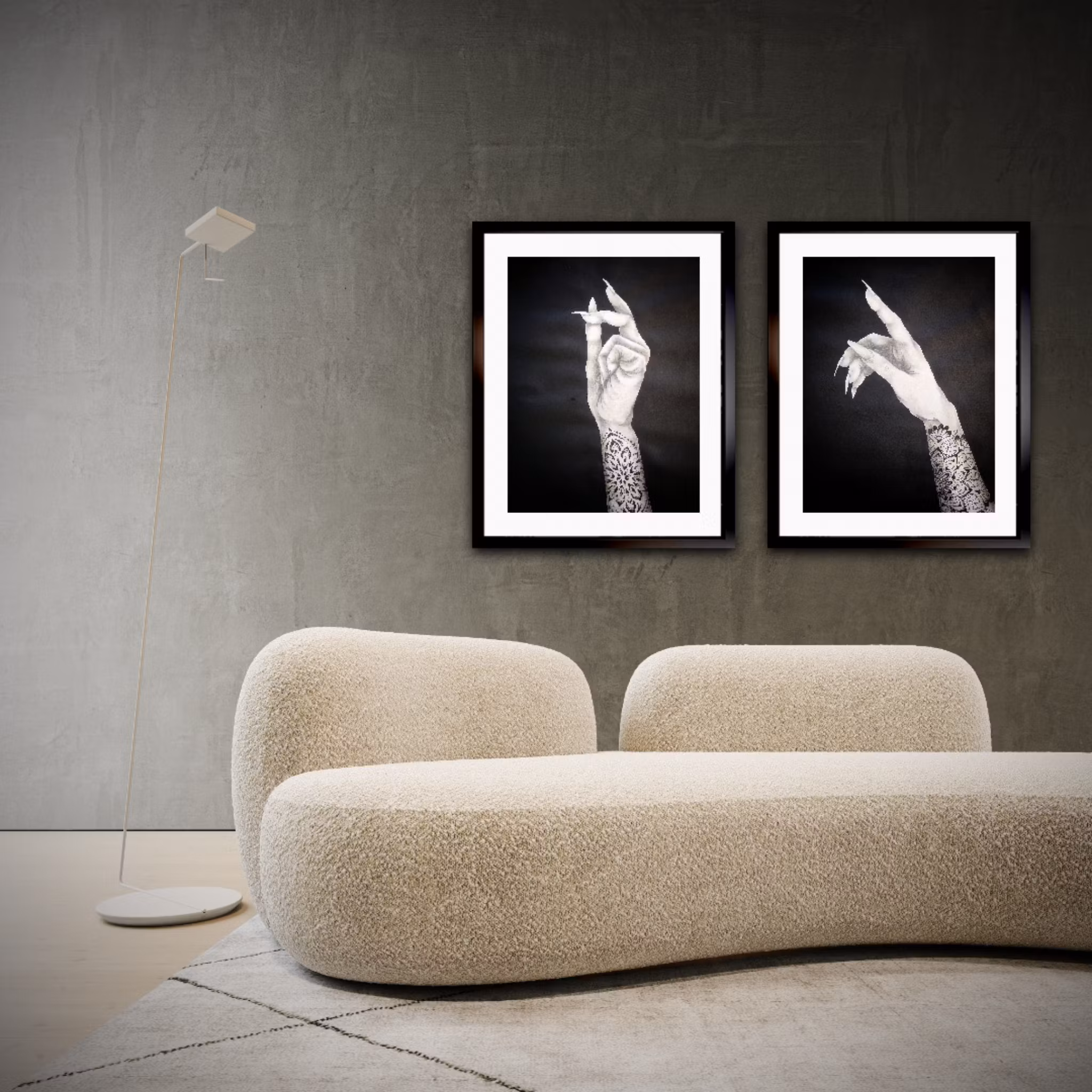 Stay Relaxed - Svartvit tavla i Kol & Akryl med tatuerad hand