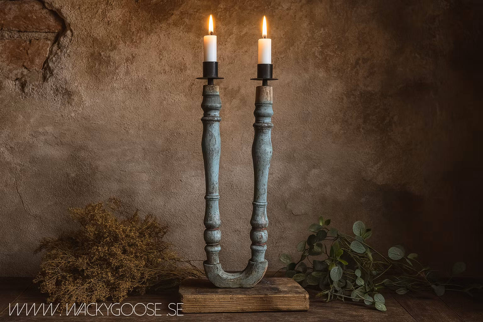 Unik ljusstake i vintage-stil för två ljus - Handgjord av spinnrocksdelar, 41cm