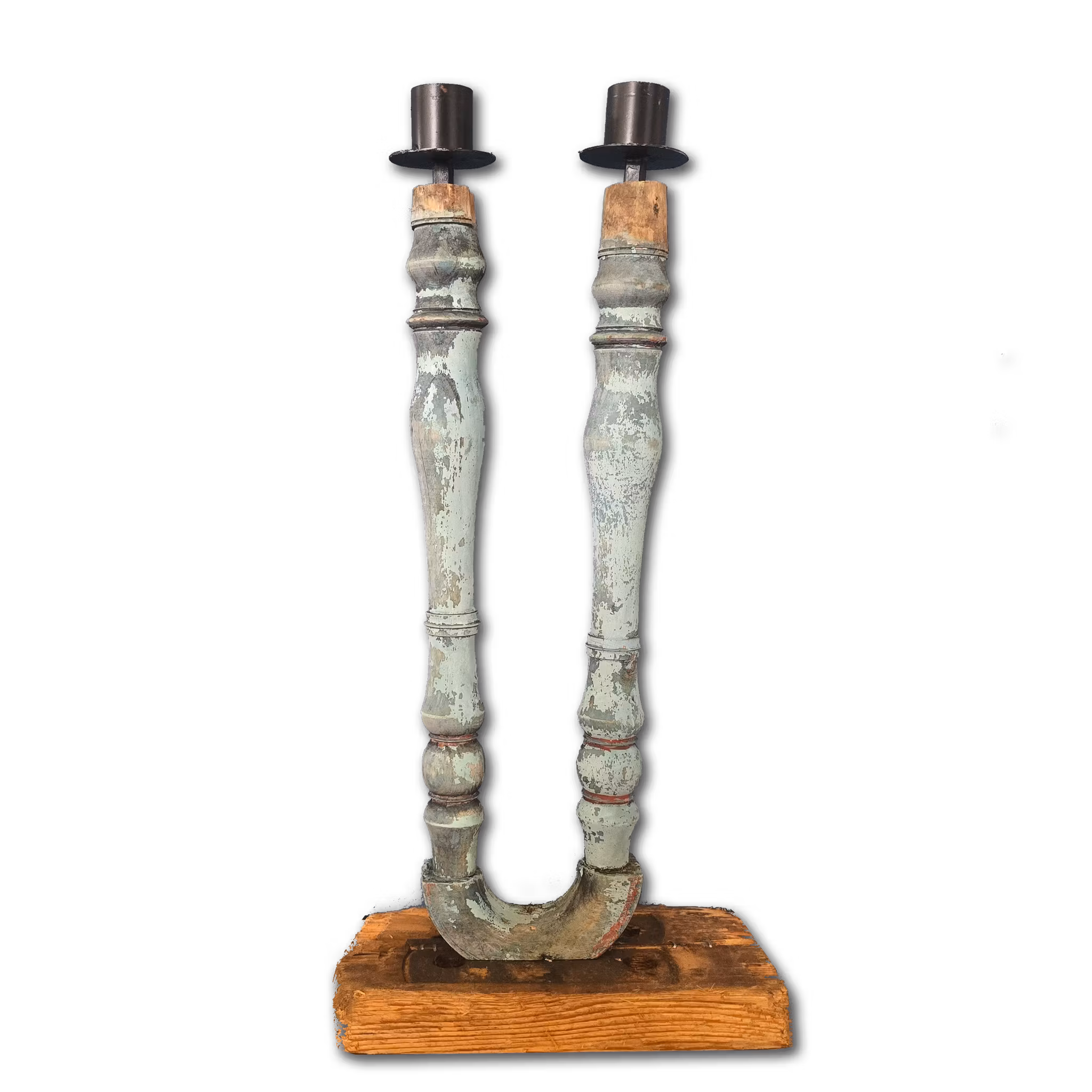 Unik ljusstake i vintage-stil för två ljus - Handgjord av spinnrocksdelar, 41cm