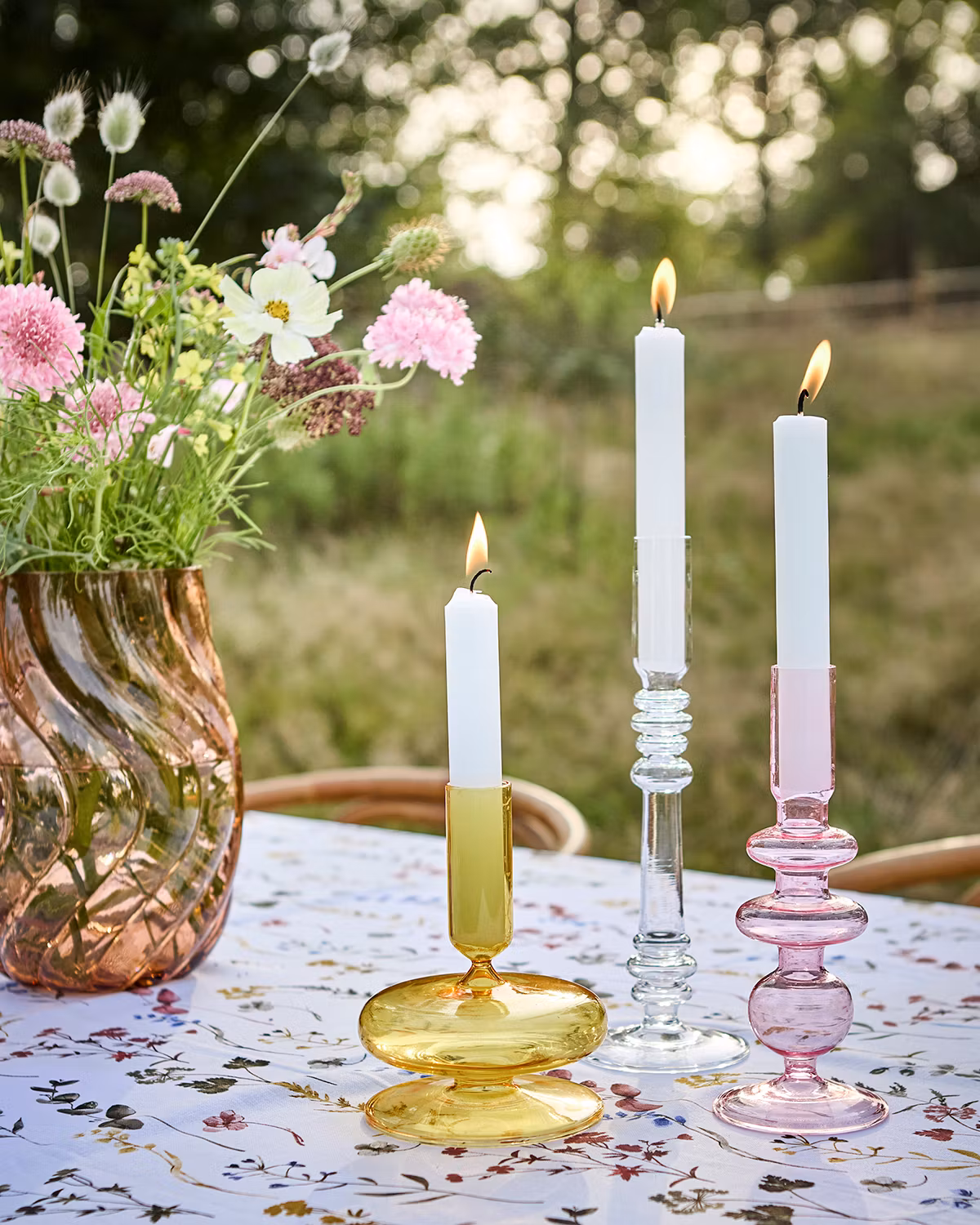 Munblåst ljusstake i glas, Gul, 14cm
