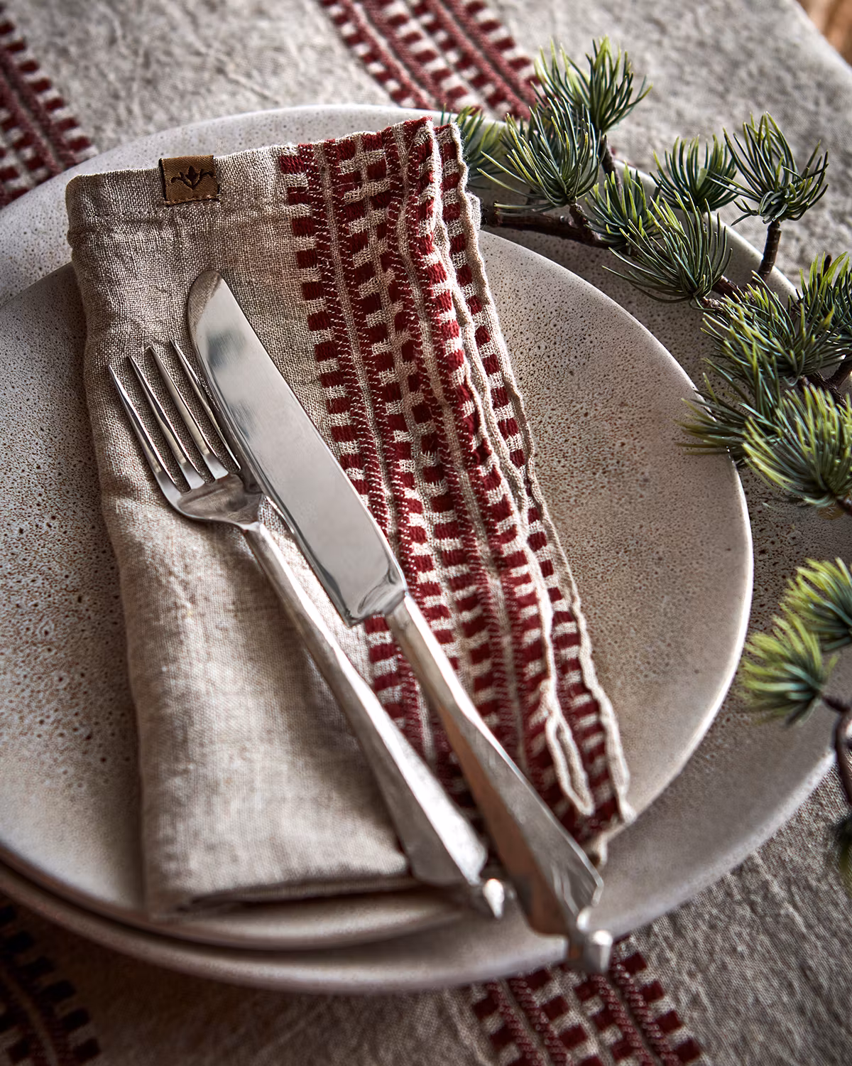 Servett i bomull/linne, 4-pack, 45x45cm, Röd/Lingrå