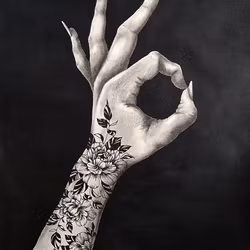 "Stay Ok" - Svartvit tavla i Kol & Akryl med tatuerad hand