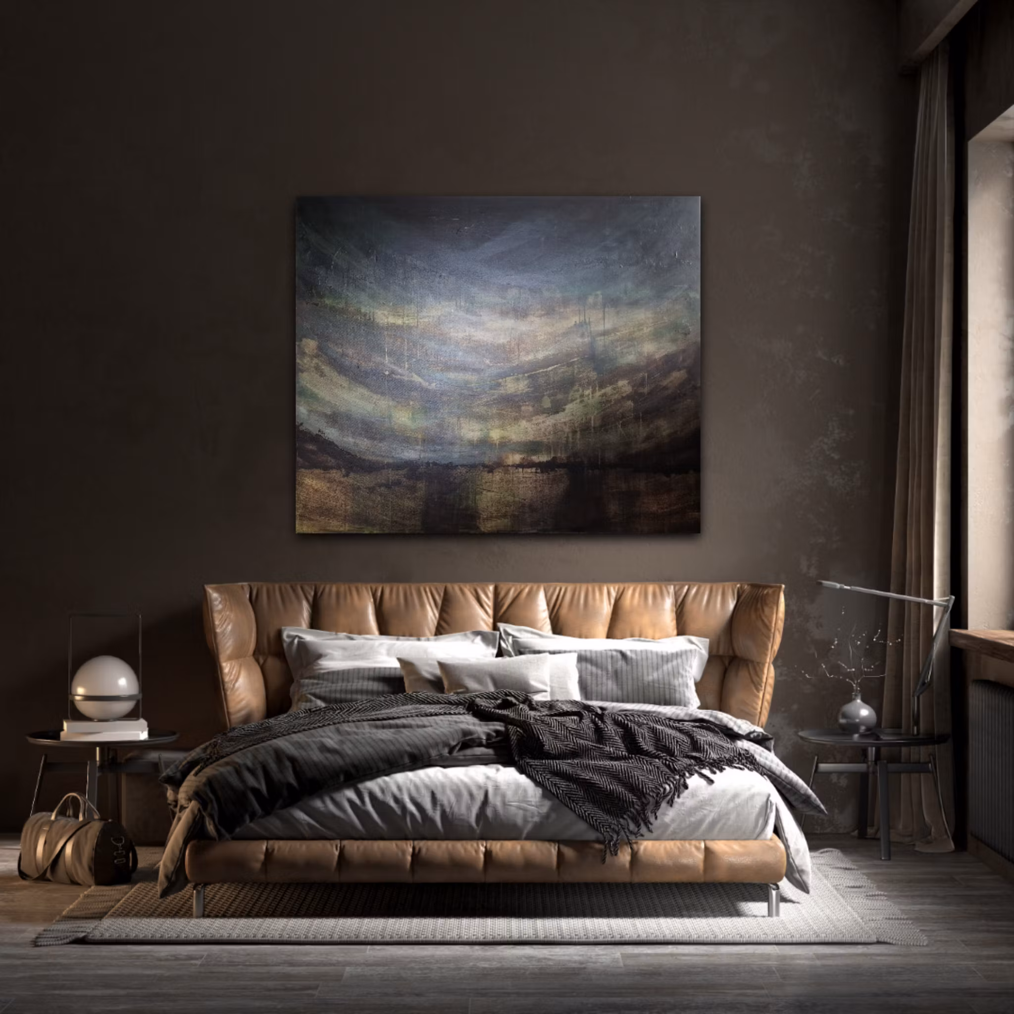 Stor abstrakt tavla i mörka jordnära toner - Handmålad konst för modern inredning, "Devine Valley"
