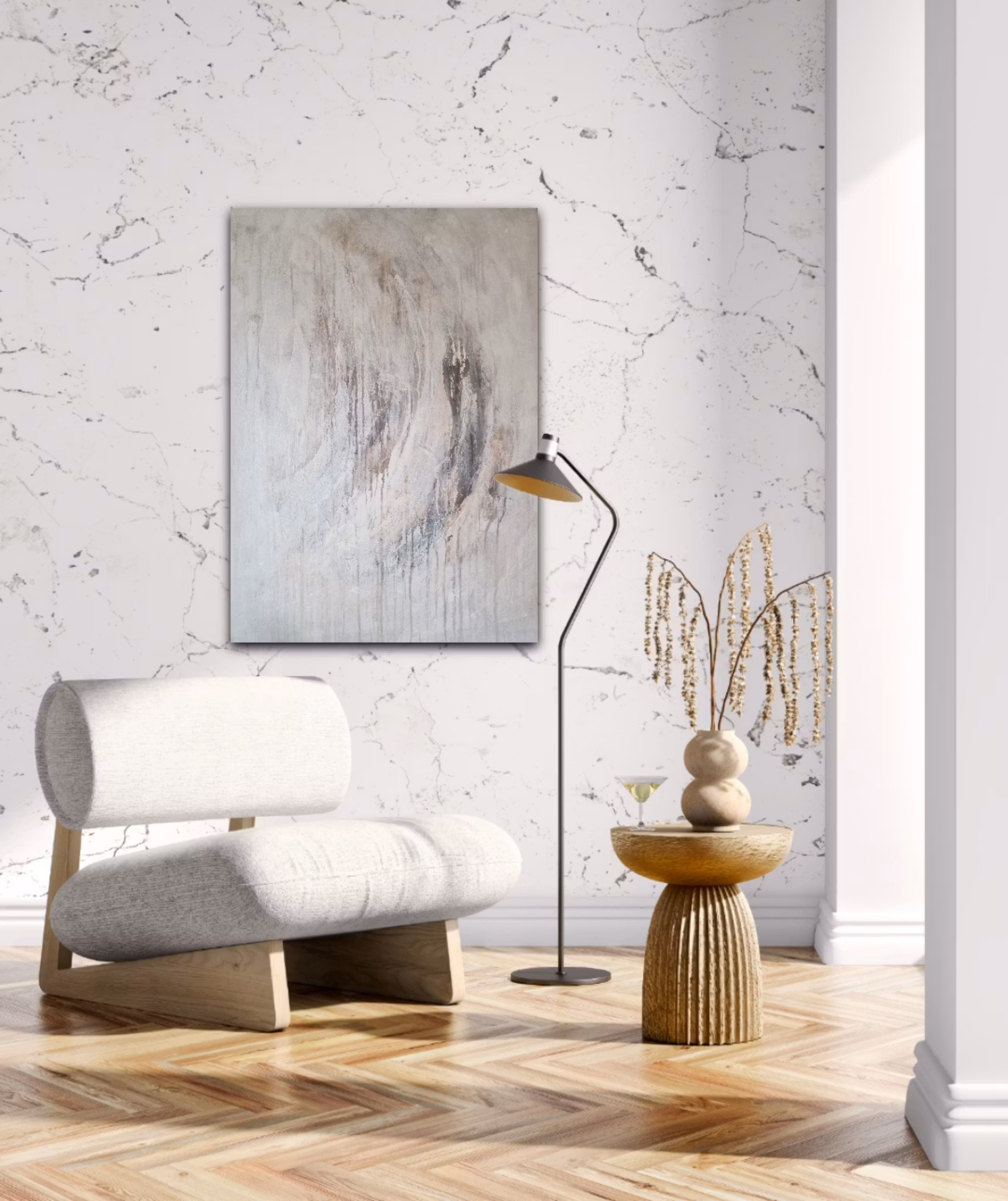 Ljus abstrakt tavla i beige naturtoner - Handmålad konst i nordisk stil, "Muddy River"