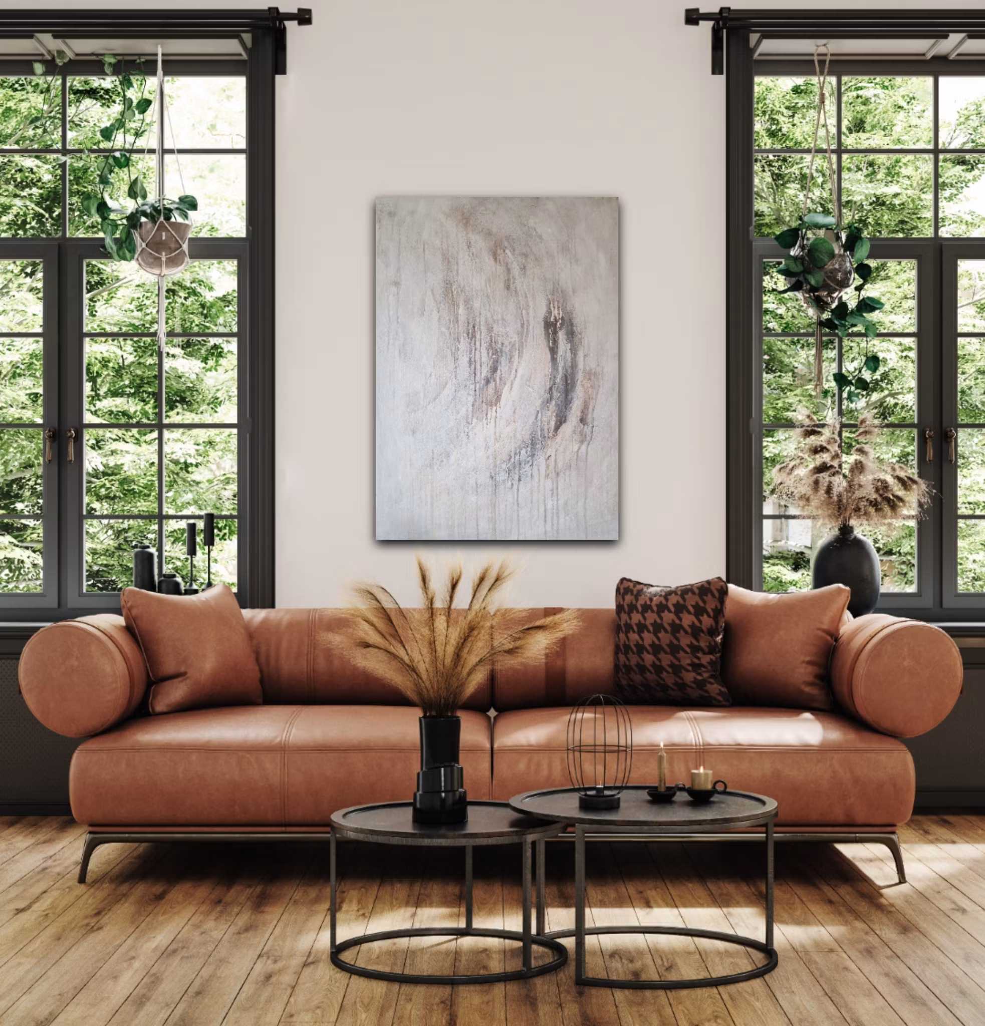 Ljus abstrakt tavla i beige naturtoner - Handmålad konst i nordisk stil, "Muddy River"