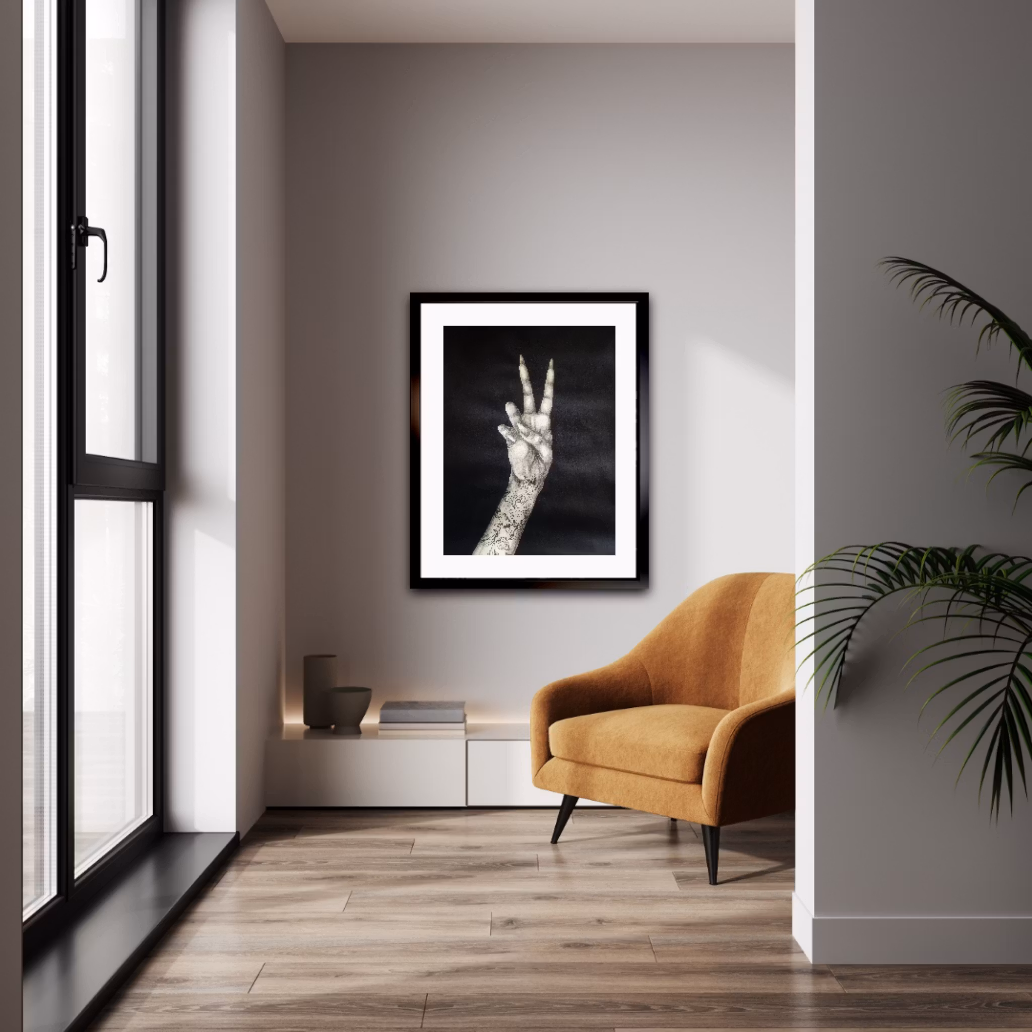 Stay Peaceful - Svartvit tavla i Kol & Akryl med tatuerad hand