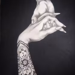 "Stay Friendly" - Svartvit tavla i Kol & Akryl med tatuerad hand