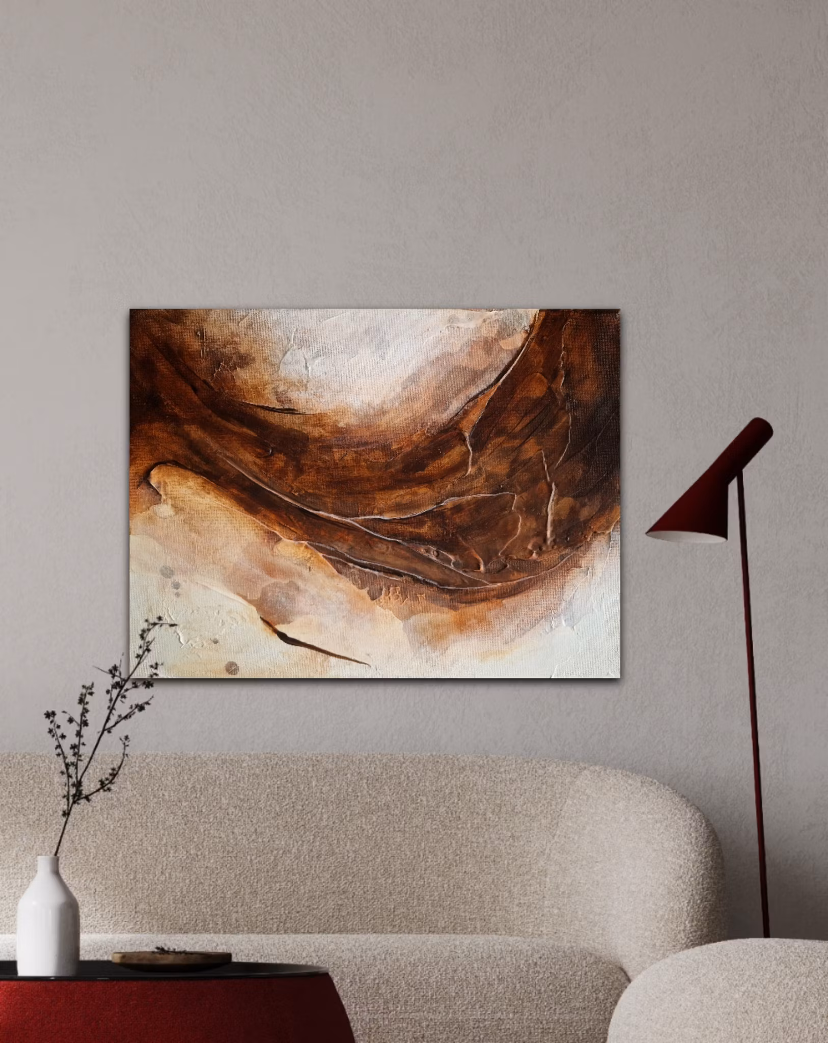 "Devine Flood" - Abstrakt Tavla i Varmbruna Naturtoner, 42x30cm