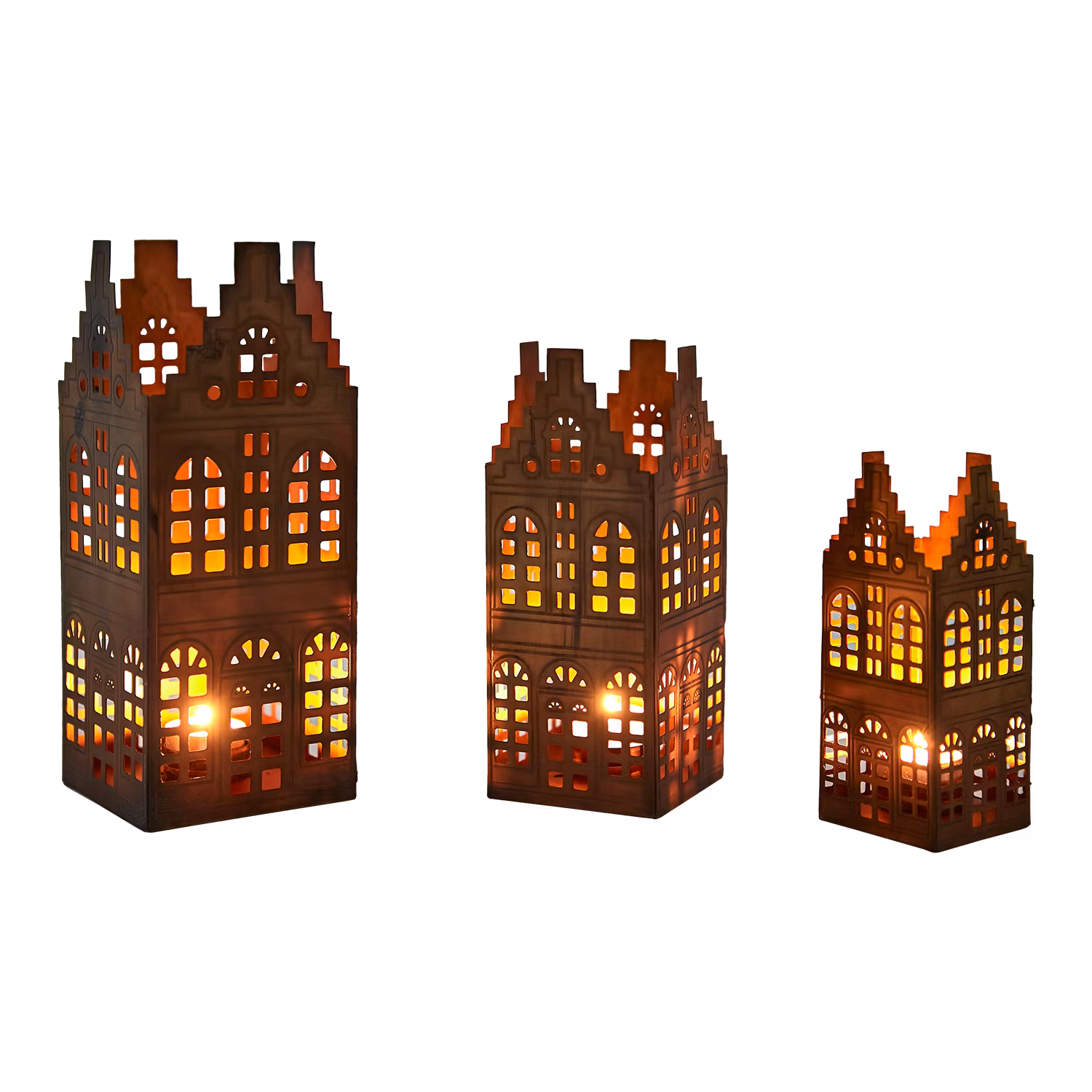 Ljuslykta hus, set om 3, Mässingsfärgad