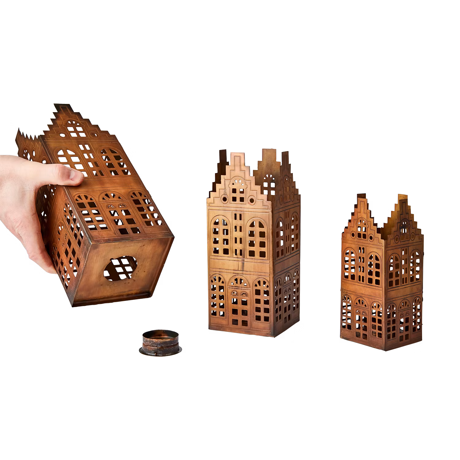 Ljuslykta hus, set om 3, Mässingsfärgad