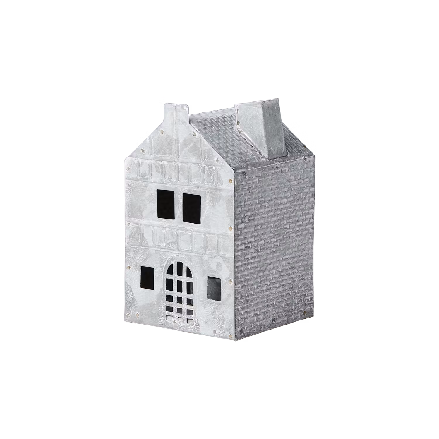 Ljuslykta hus i järn, 12,5cm, Grå/vit