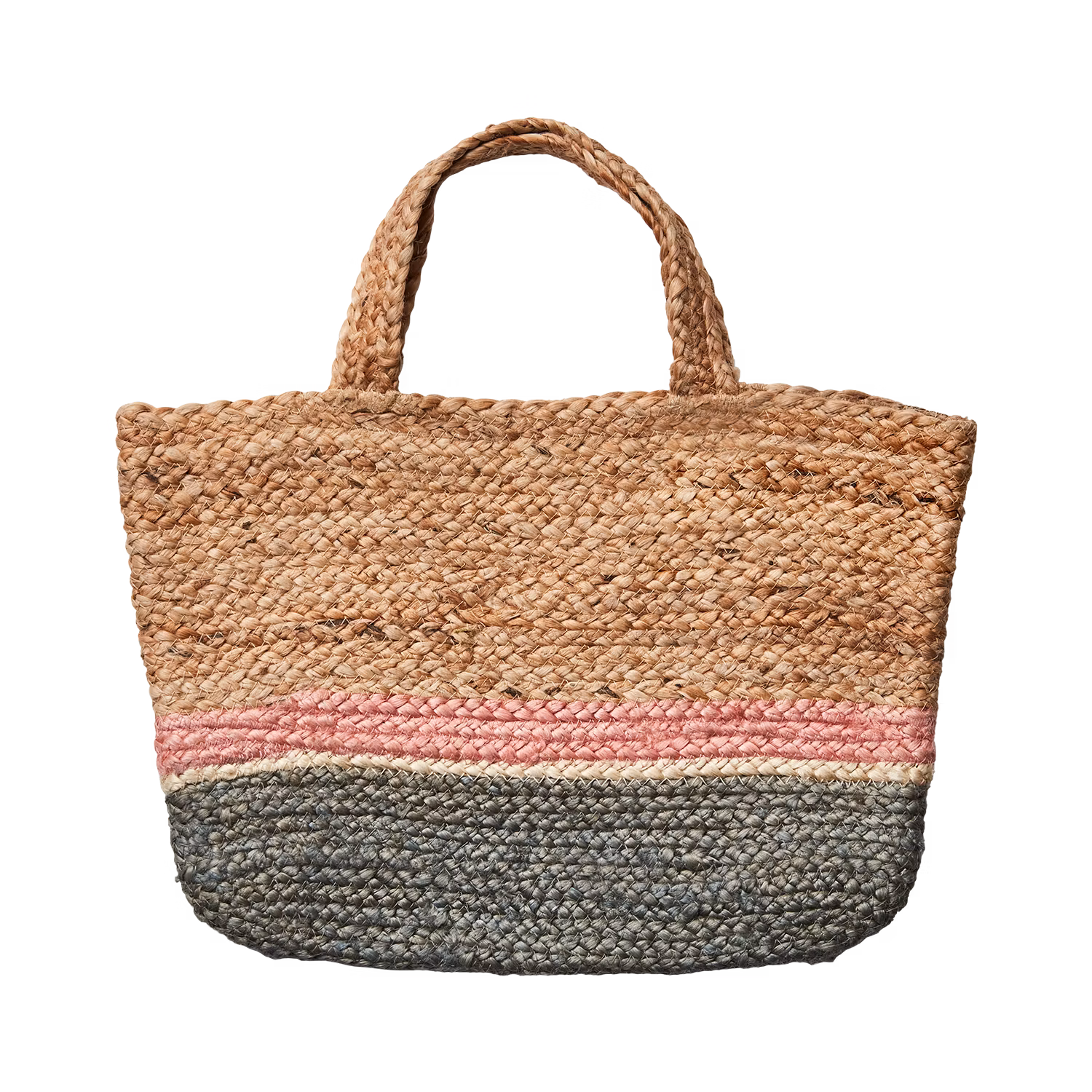 Praktisk och härlig väska av jute, Natur/grön/rosa