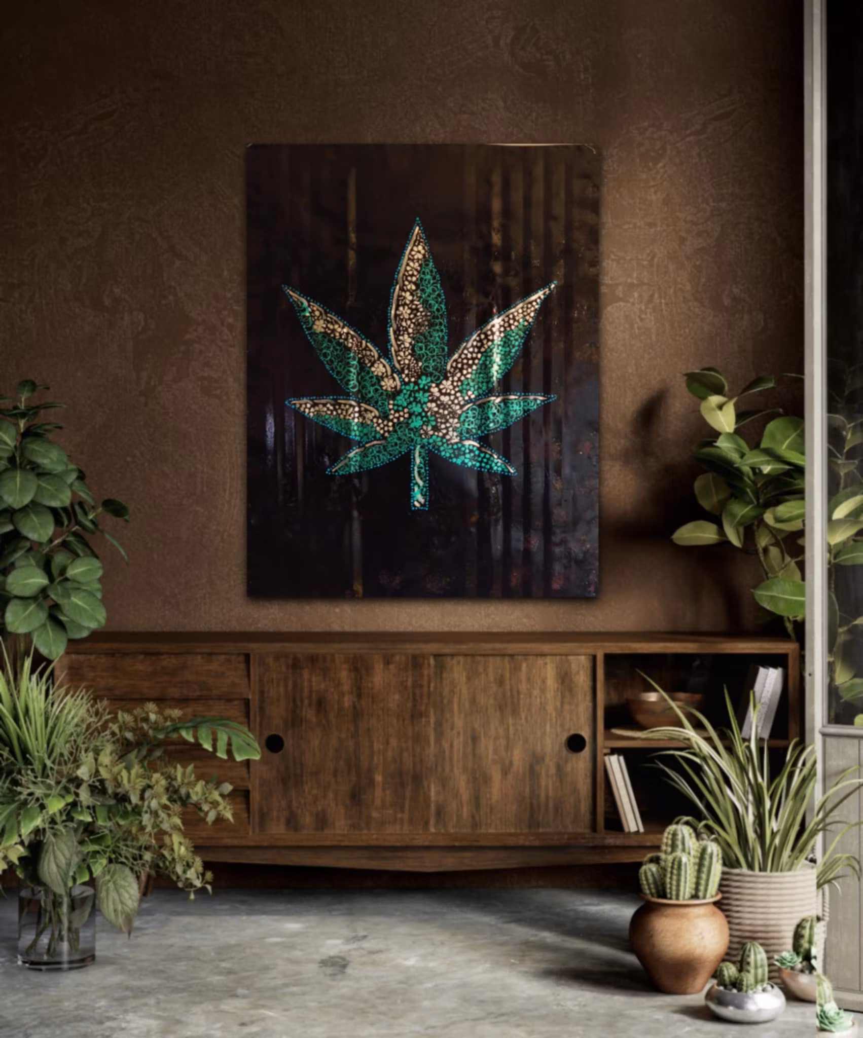 Stor handmålad tavla, Akryl på perforerad plåt - "Planta X"
